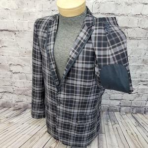 Lanzino Mens XL Navy Blue Brown Windowpane Plaid One Button Blazer Career Casual
